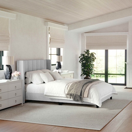 Martha Stewart Kay Full Upholstered Platform Bed w/Channel Stitched Wingback Headboard/Cushioned Siderails, Gray TW-3WDB03B-F-GY-MS